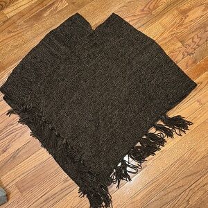 Dark Brown Knit Poncho with Fringe